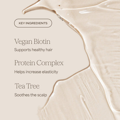 Product key ingredients listed with a close-up of a creamy texture.