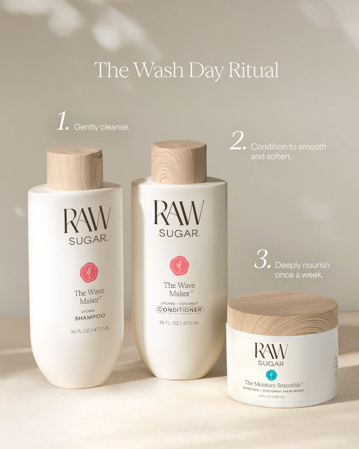 RAW Sugar hair care products with step-by-step instructions on a neutral background, designed to help nourish hair with clean ingredients.