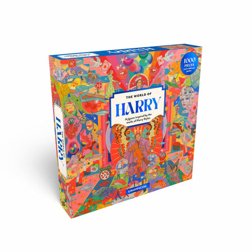 The World of Harry Styles | 1,000 Piece Jigsaw Puzzle box featuring colorful, surreal illustrations.