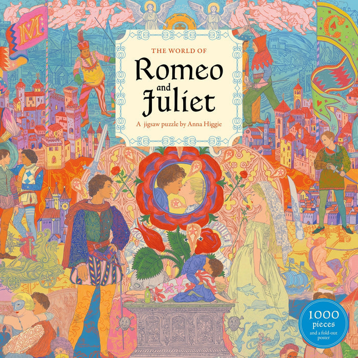 Colorful Anna Higgie illustration on The World of Romeo and Juliet | 1,000 Piece Jigsaw Puzzle, featuring the title, Renaissance figures, castles, and a couple kissing inside a large flower.