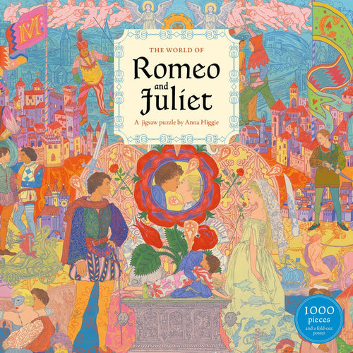 Colorful Anna Higgie illustration on The World of Romeo and Juliet | 1,000 Piece Jigsaw Puzzle, featuring the title, Renaissance figures, castles, and a couple kissing inside a large flower.