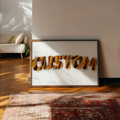 Framed personalized name print with realistic tiger stripe fur text "CUSTOM" on a white background.