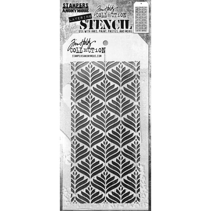 Tim Holtz - Layered Stencil - 4.125"X8.5" - Deco Leaf. Layering stencils are designed to add texture and imagery to your creativity. The simple tag shape makes it easy to organize and store the stencils in one place. Available at Embellish Away located in Bowmanville Ontario Canada.