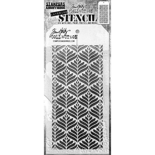 Tim Holtz - Layered Stencil - 4.125"X8.5" - Deco Leaf. Layering stencils are designed to add texture and imagery to your creativity. The simple tag shape makes it easy to organize and store the stencils in one place. Available at Embellish Away located in Bowmanville Ontario Canada.