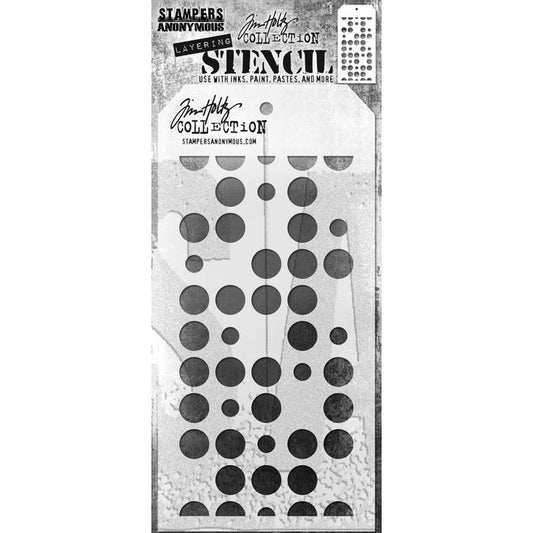Tim Holtz - Layered Stencil - 4.125"X8.5" - Spots. Layering stencils are designed to add texture and imagery to your creativity. The simple tag shape makes it easy to organize and store the stencils in one place. Available at Embellish Away located in Bowmanville Ontario Canada.