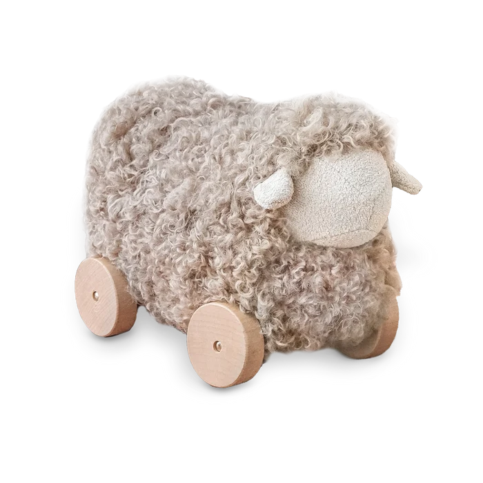 toy button pull along sheep  - taupe
