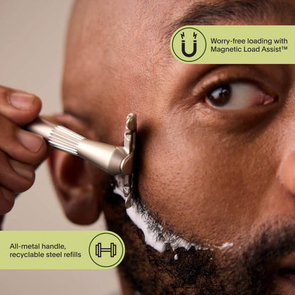 Person using a grooming tool on their face with product features highlighted.
