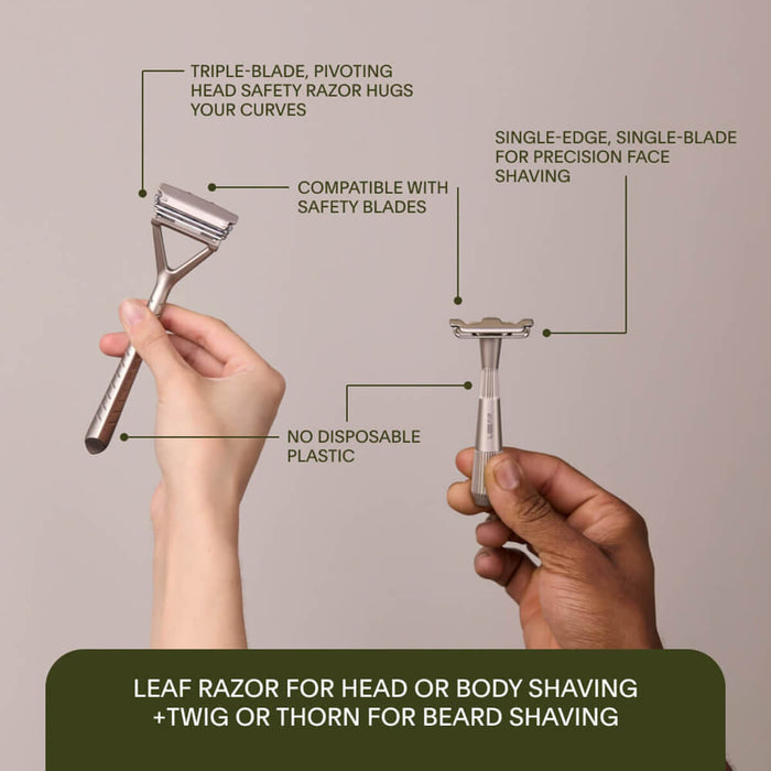Two razors held by hands with text describing their features on a beige background.