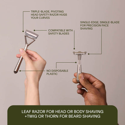 Two razors held by hands with text describing their features on a beige background.