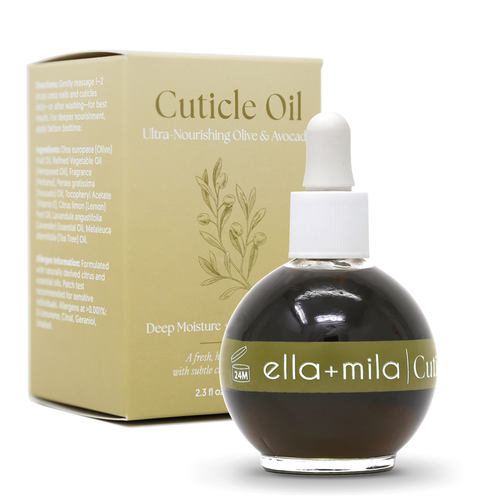 Ultra Nourishing Olive & Avocado cuticle oil round dropper bottle with its retail box – ella+mila