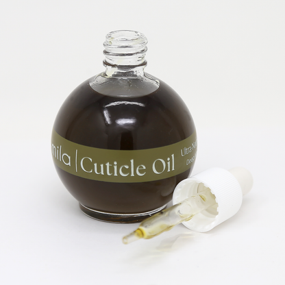 Olive & Avocado cuticle oil round bottle with the dropper cap beside it