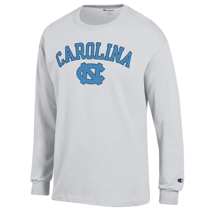 UNC Basic White with DUSTY BLUE CAROLINA Long Sleeve T-Shirt by Champion - Main View - Champion