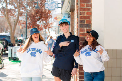 UNC Basic White with DUSTY BLUE CAROLINA Long Sleeve T-Shirt by Champion - Detail View - Champion