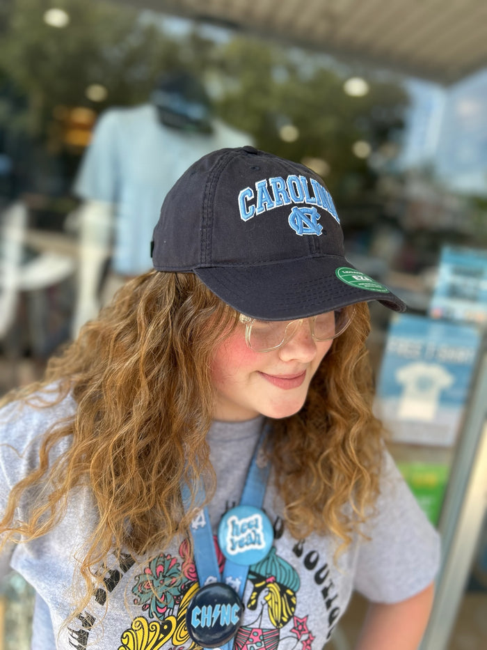 UNC Hat in Navy with Embroidered Main Event Logo in Carolina Blue - Detail View - Legacy