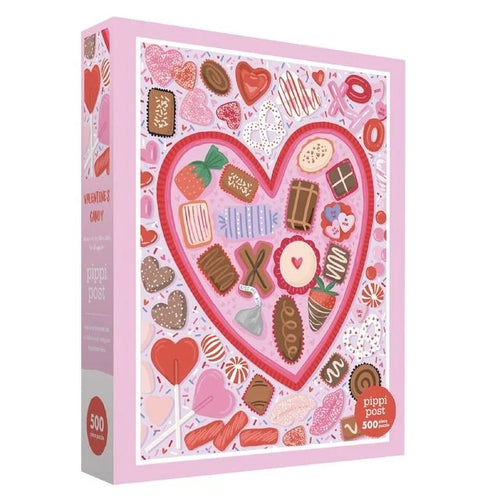 Surprise someone special with the Pippi Post Valentine’s Chocolate & Candy 500 Piece Jigsaw Puzzle, featuring an illustrated heart brimming with assorted candies, chocolates, and sweets against a pink background—a delightful Valentine’s Day gift or a sweet challenge for anyone who loves charming chocolate puzzles.