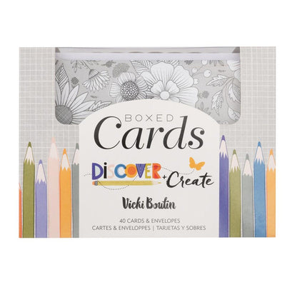 Vicki Boutin - A2 Cards W/Envelopes - Discover + Create. Mixed media backgrounds layered in tone on tone patterns will create 'art for everyone' feel with the addition of interesting fonts and icons to create a fun yet mature collection. Available at Embellish Away located in Bowmanville Ontario Canada.