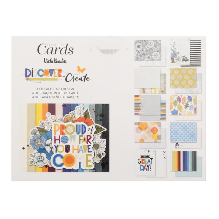 Vicki Boutin - A2 Cards W/Envelopes - Discover + Create. Mixed media backgrounds layered in tone on tone patterns will create 'art for everyone' feel with the addition of interesting fonts and icons to create a fun yet mature collection. Available at Embellish Away located in Bowmanville Ontario Canada.