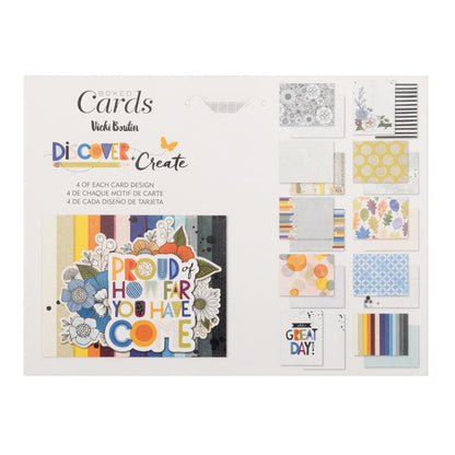Vicki Boutin - A2 Cards W/Envelopes - Discover + Create. Mixed media backgrounds layered in tone on tone patterns will create 'art for everyone' feel with the addition of interesting fonts and icons to create a fun yet mature collection. Available at Embellish Away located in Bowmanville Ontario Canada.