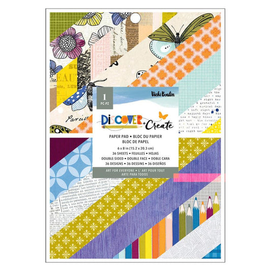 American Crafts - Vicki Boutin - Double-Sided Paper Pad 6"X8" - 36/Pkg - Discover + Create. This paper pad has 36 sheets of paper, some with gold foil accents. Each sheet is 6X8 inches, 180 gsm, and high quality. Available at Embellish Away located in Bowmanville Ontario Canada.