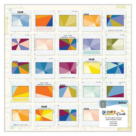 Vicki Boutin - Specialty Paper 12"X12" - Acetate - Discover + Create. Discover + Create encompasses mixed and interesting design elements. A palette of rich and neutral shades including jewel tones contrasting with greys and creams! Available at Embellish Away located in Bowmanville Ontario Canada.