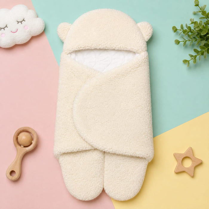 A cream-colored plush baby swaddle wrap with bear ears on the hood, styled in a flat-lay with pastel pink, mint green, and yellow background panels, accompanied by baby toys.